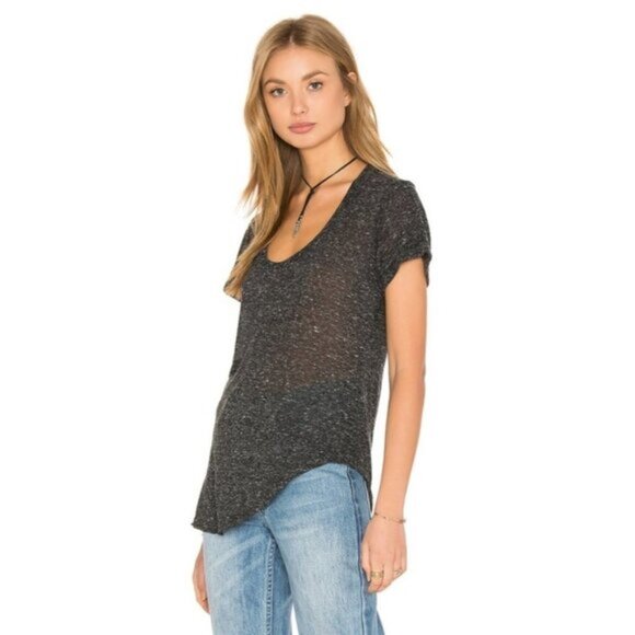 LNA Deep U Neck Tee T-Shirt Asymmetrical Hem Short Sleeve Heather Black - Picture 10 of 15